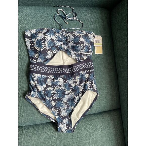 NWT Michael Kors woman’s Bathing Suit Palm-Cutout One-Piece New Navy size M - Picture 4 of 5